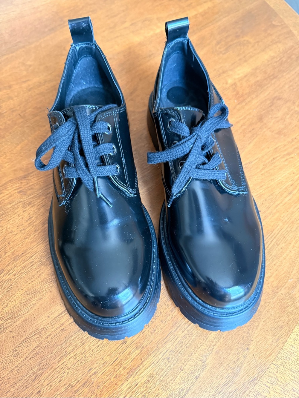 Zara NWOT Black Patent Lace-Up Loafers Chunky Soles size 37